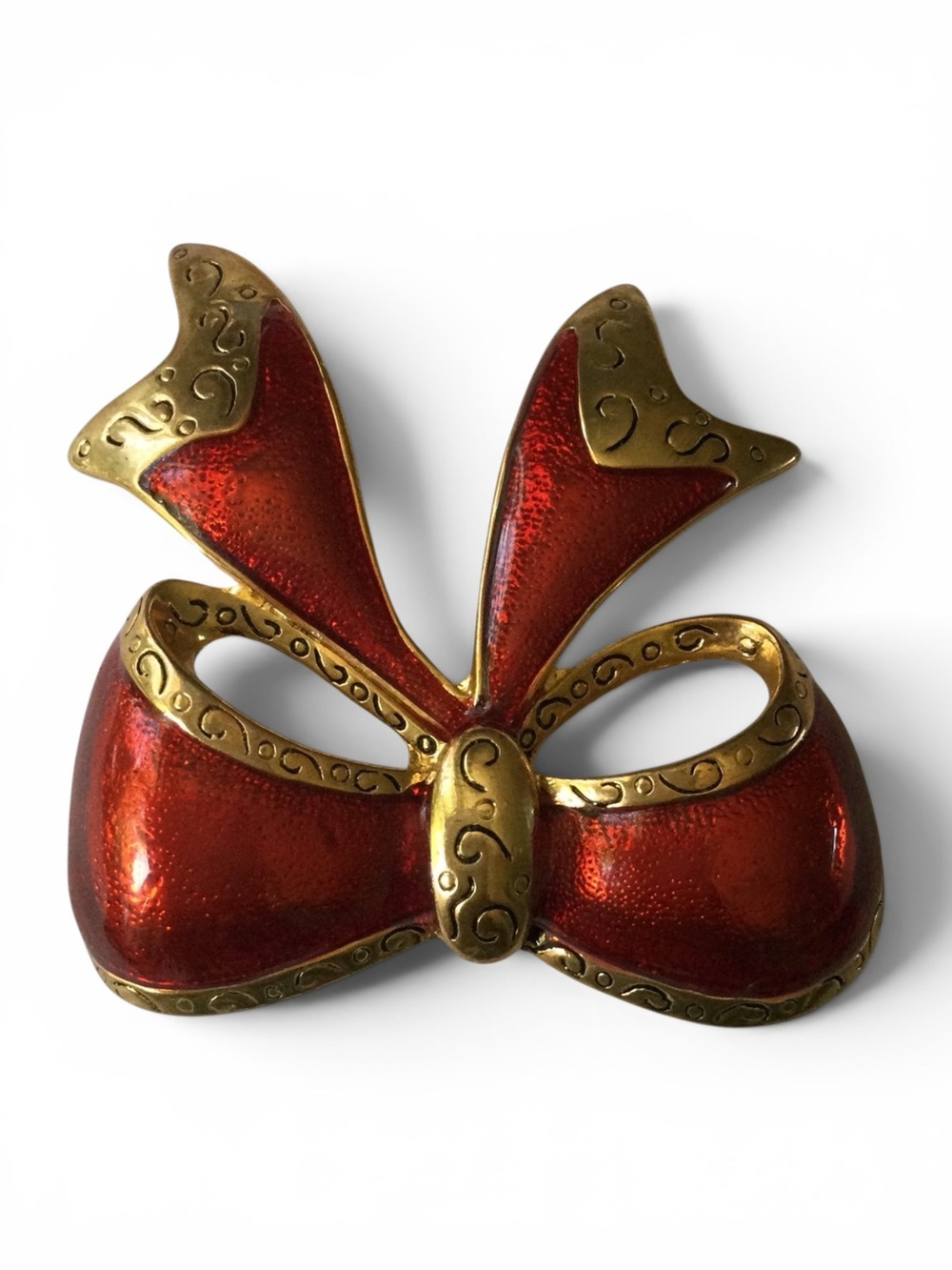 Vintage 1980s Gold-Tone Red & Gold Christmas Bow Brooch - Picture 7 of 9